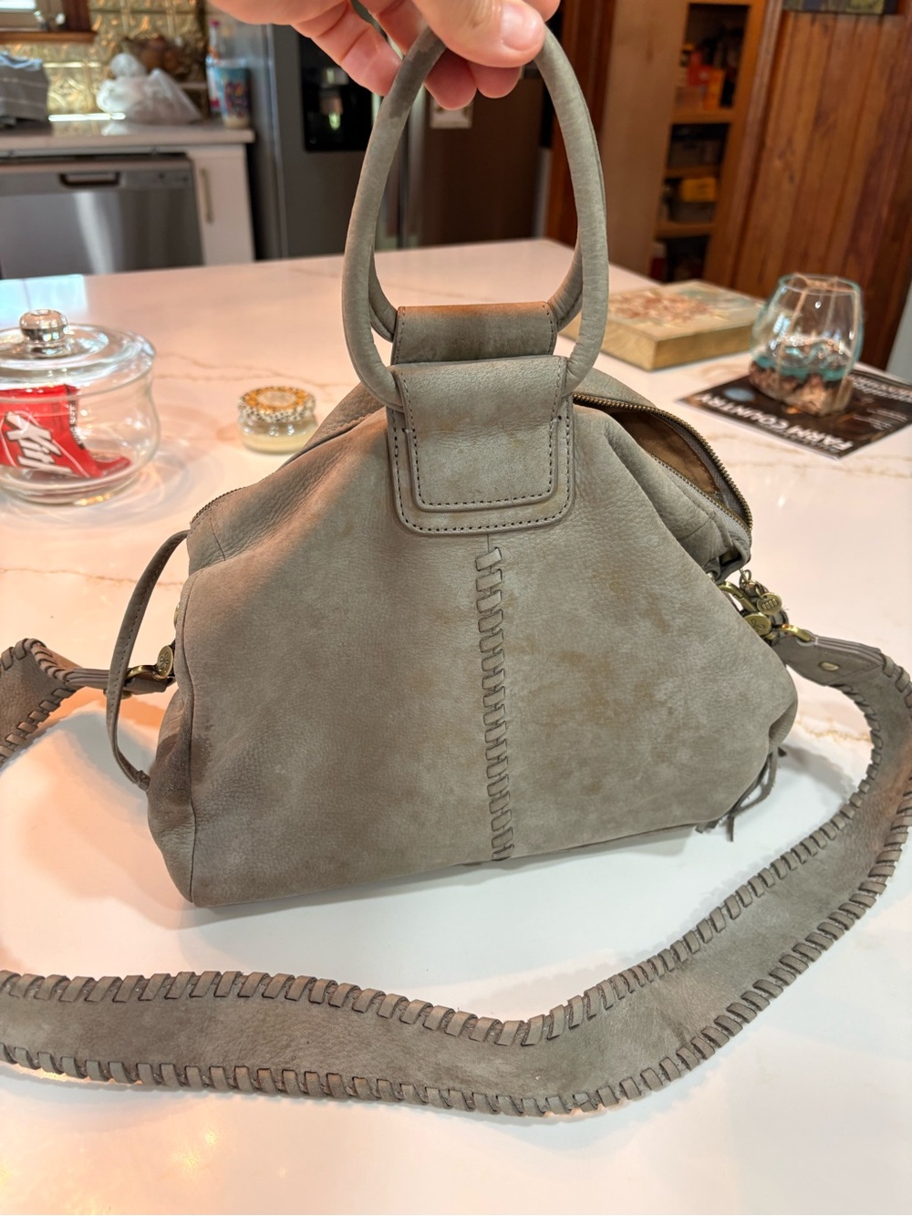 HOBO Suede Shoulder Bag in Taupe Gray